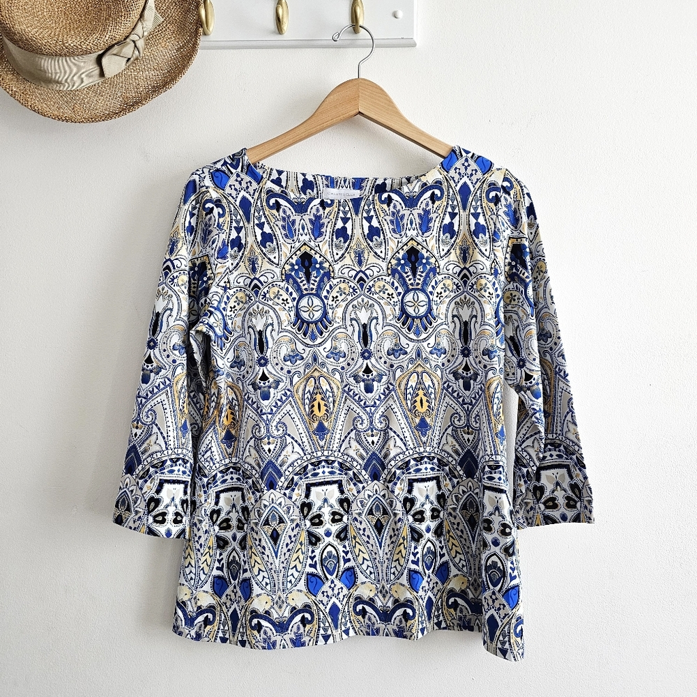 🌊 Coastal Luxury | Charter Club Blue & White Medallion Tunic Top – Size M